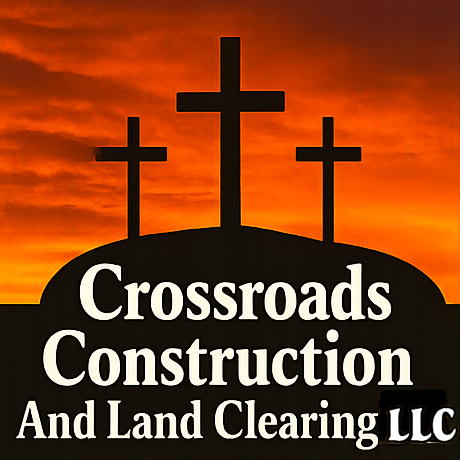 Logo for Crossroads Construction and Land Clearing LLC featuring three crosses on a hill with an orange sunset background.